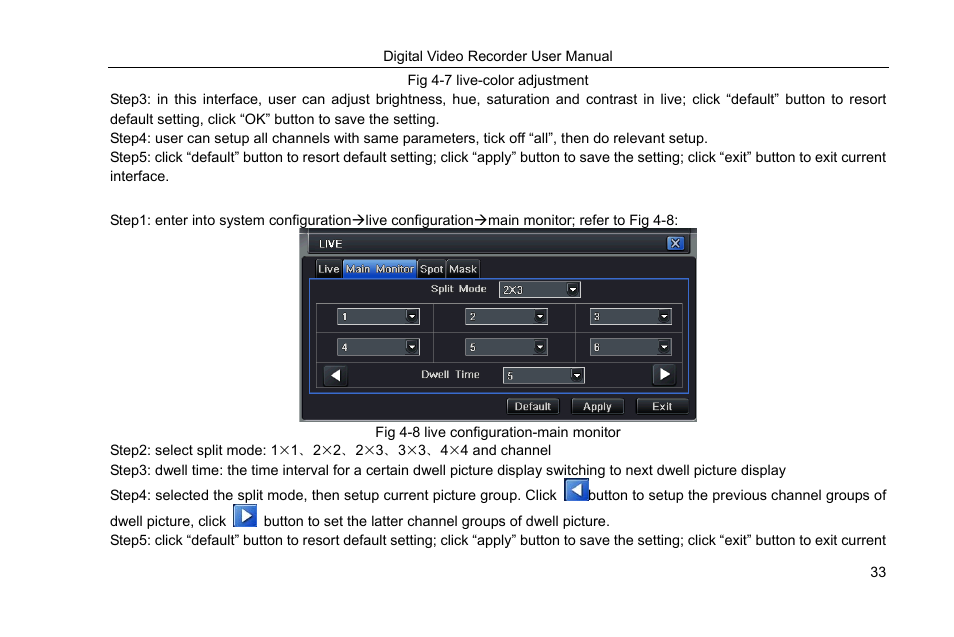 Fig 4-7 live-color adjustment, 2 main monitor, Fig 4-8 live configuration-main monitor | COP-USA DVRHRT-16MD User Manual | Page 33 / 137