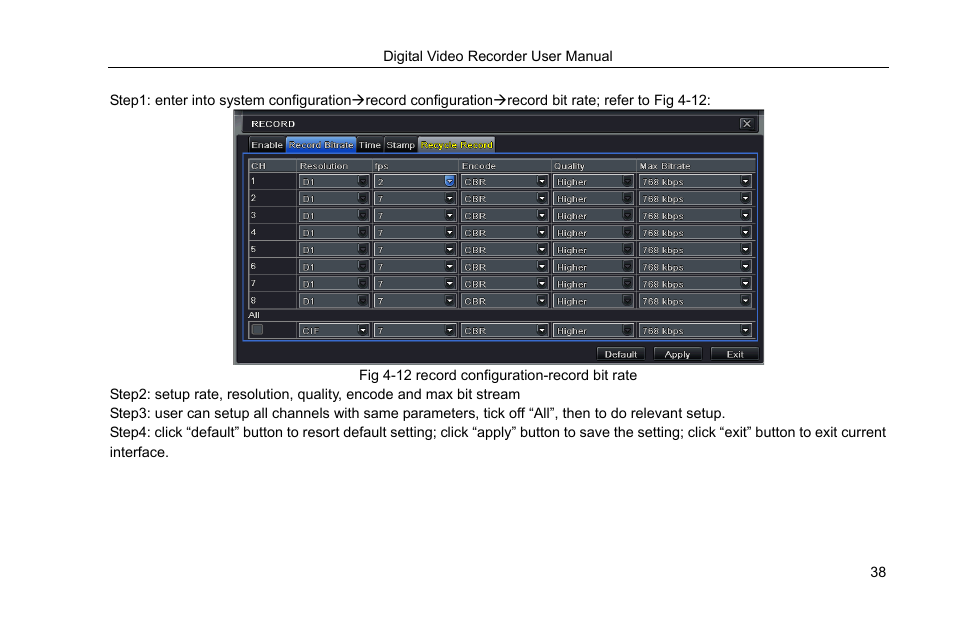 2 record stream, Fig 4-12 record configuration-record bit rate, Definitions and descriptions of record stream | COP-USA DVRHRT-16MD User Manual | Page 38 / 137