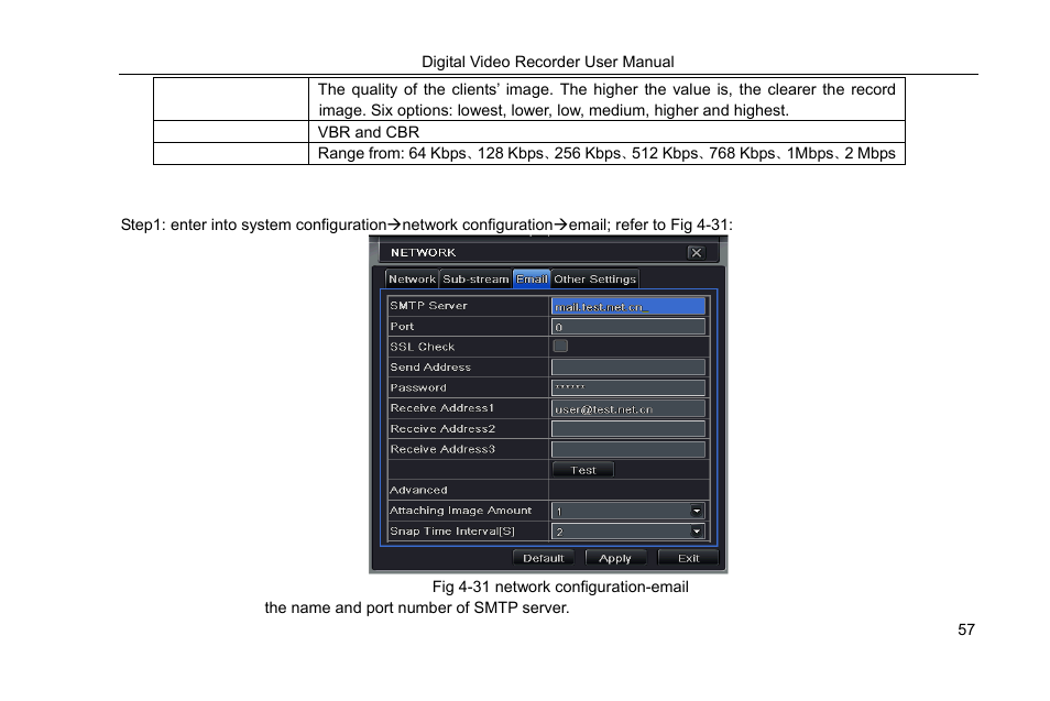 Quality, Encode, Vbr and cbr | Max bit rate, 3 email | COP-USA DVRHRT-16MD User Manual | Page 57 / 137