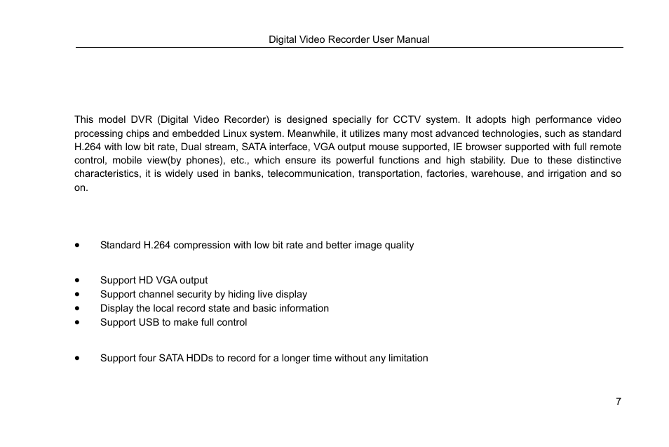 1 introduction, 1 dvr introduction, 2 main features | Compression format, Live surveillance, Record media, Introduction | COP-USA DVRHRT-16MD User Manual | Page 7 / 137