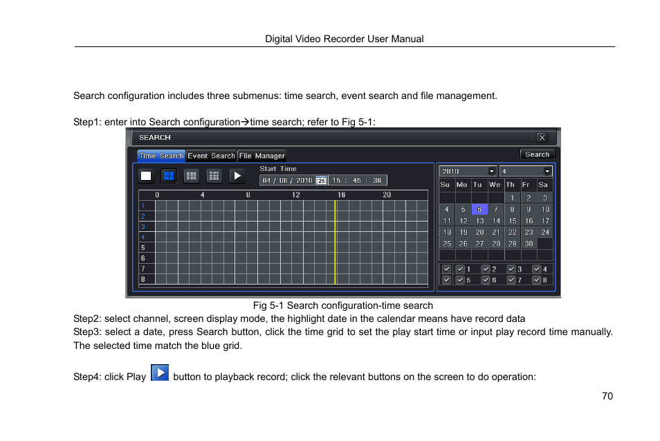 5 record search & playback and backup, 1 time search, Record search & playback and backup | COP-USA DVRHRT-16MD User Manual | Page 70 / 137