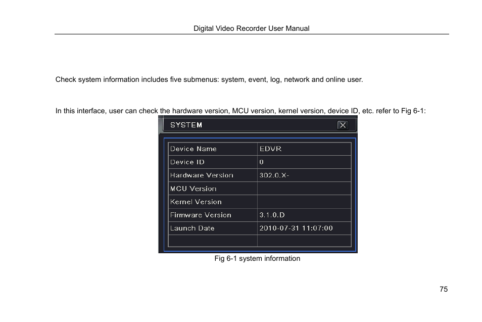 6 manage dvr, 1 check system information, 1 system information | Manage dvr | COP-USA DVRHRT-16MD User Manual | Page 75 / 137