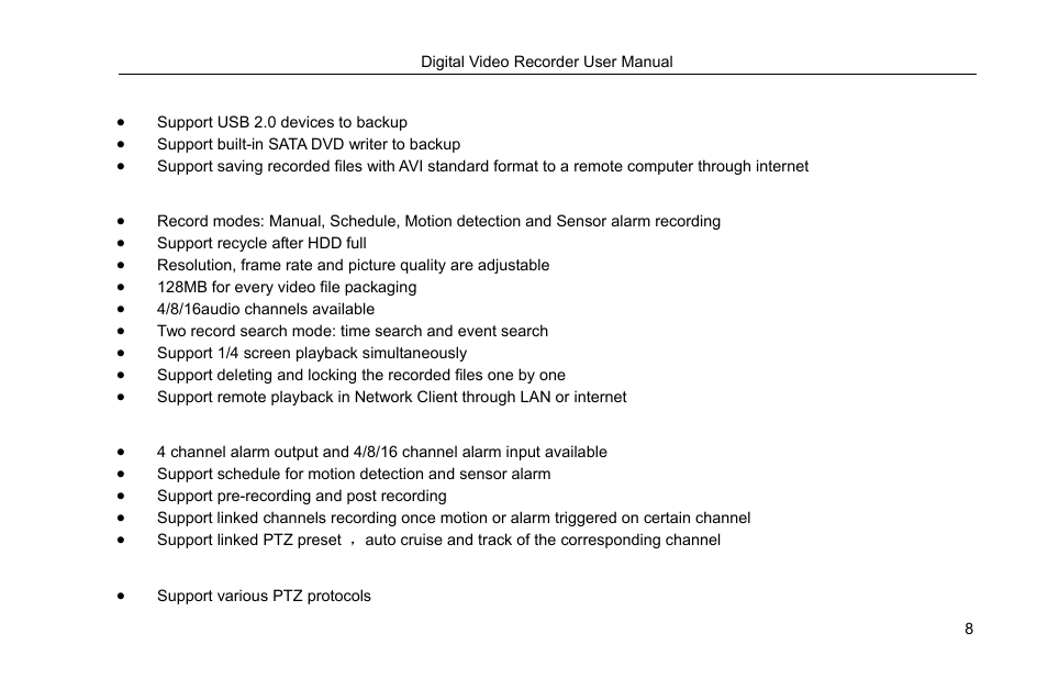 Backup, Record & playback, Alarm | Ptz control | COP-USA DVRHRT-16MD User Manual | Page 8 / 137