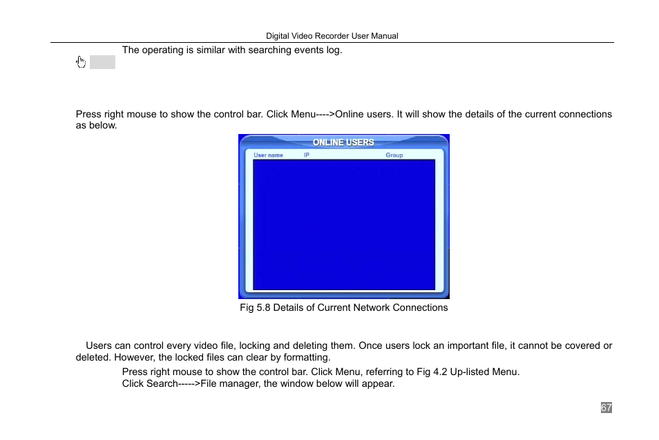 6 check on-line network users, 7 lock &delete files | COP-USA DVRH264-D1-8 User Manual | Page 73 / 111