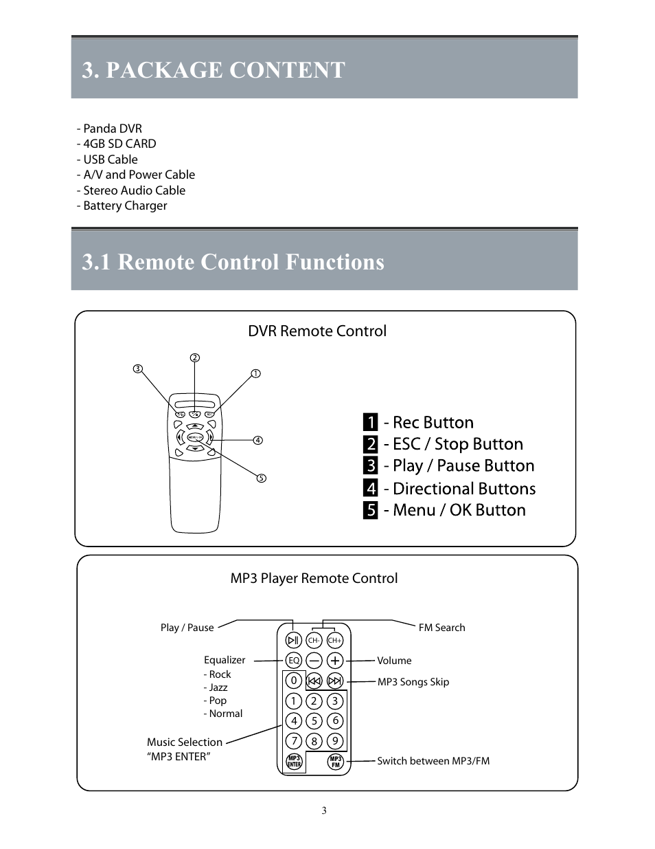 Binder1_p3, Package content 3.1 remote control functions, Dvr remote control | Mp3 player remote control | COP-USA Panda DVR User Manual | Page 4 / 21