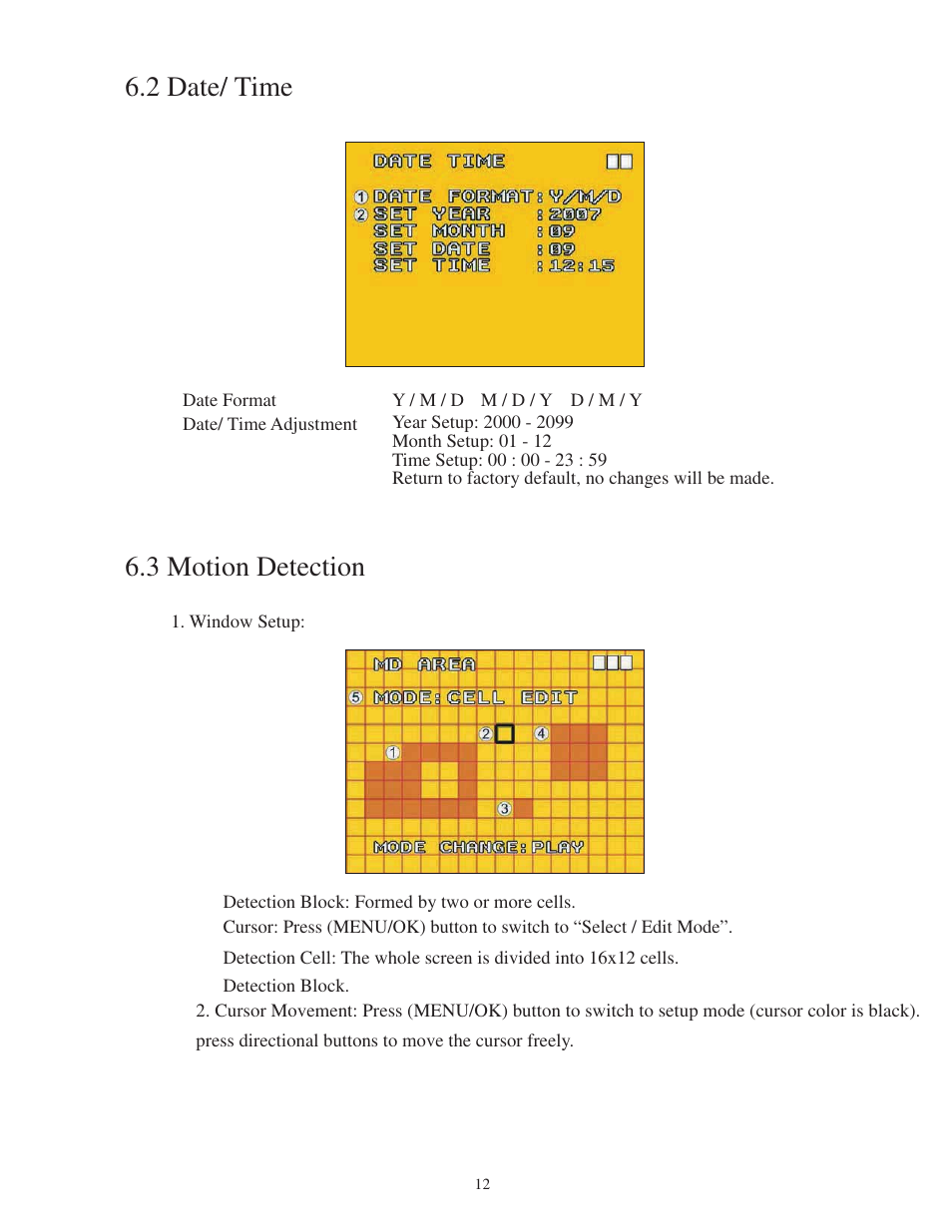 2 date/ time 6.3 motion detection | COP-USA SLDVR User Manual | Page 13 / 21