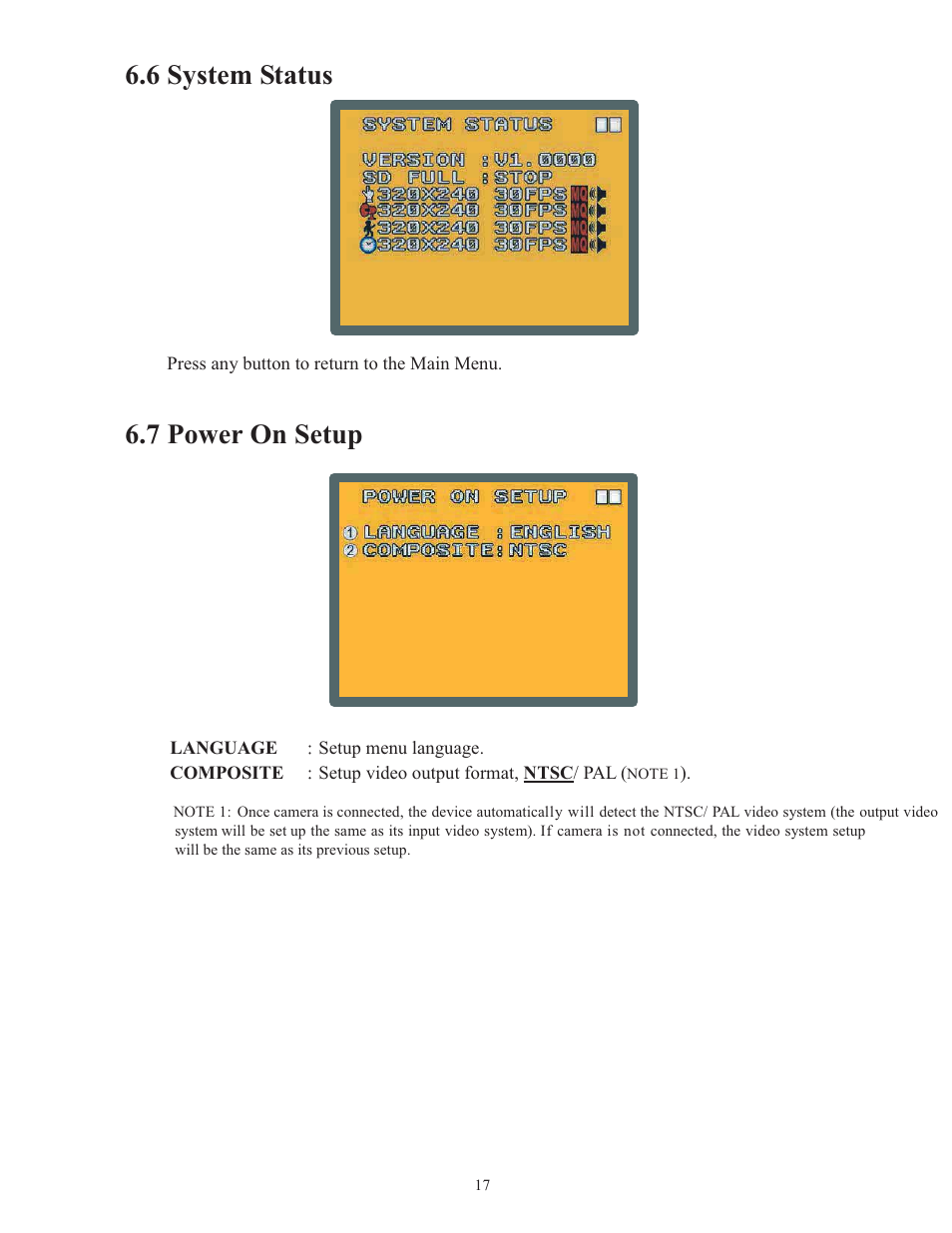 6 system status, 7 power on setup | COP-USA SLDVR User Manual | Page 18 / 21