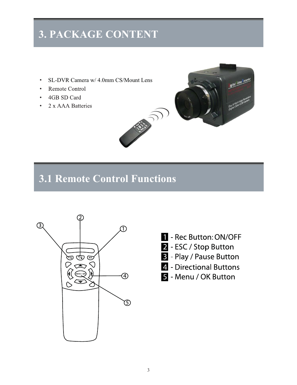 Package content 3.1 remote control functions | COP-USA SLDVR User Manual | Page 4 / 21