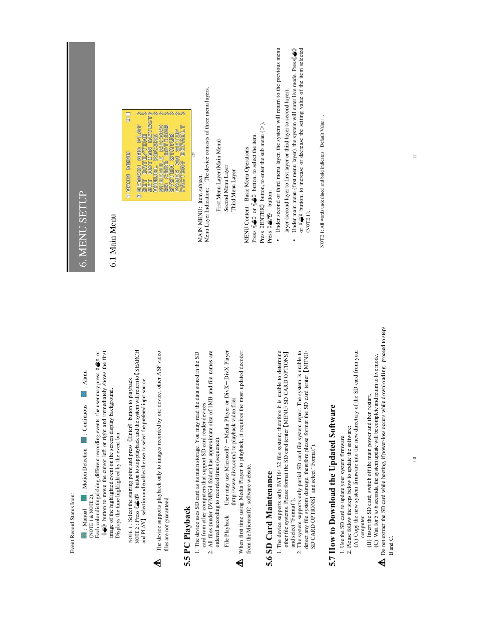 Menu setup, 5 pc play back, 6 sd card maintenance | 7 how to download the upda ted softw ar e, 1 main menu | COP-USA ALC-DVR32-SL User Manual | Page 6 / 11