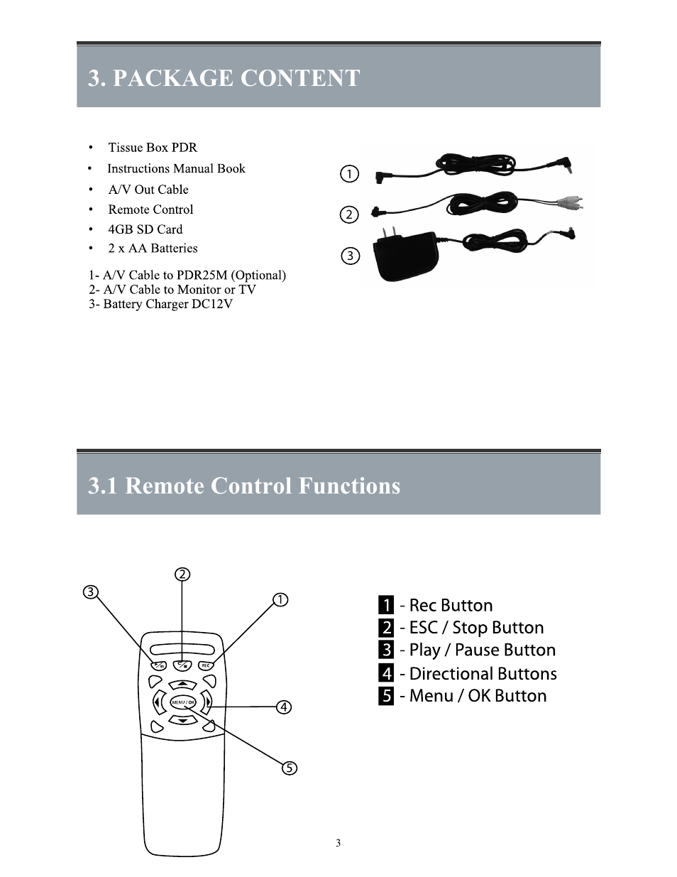 Binder1_p3, Package content 3.1 remote control functions | COP-USA TBX-DVR User Manual | Page 4 / 22