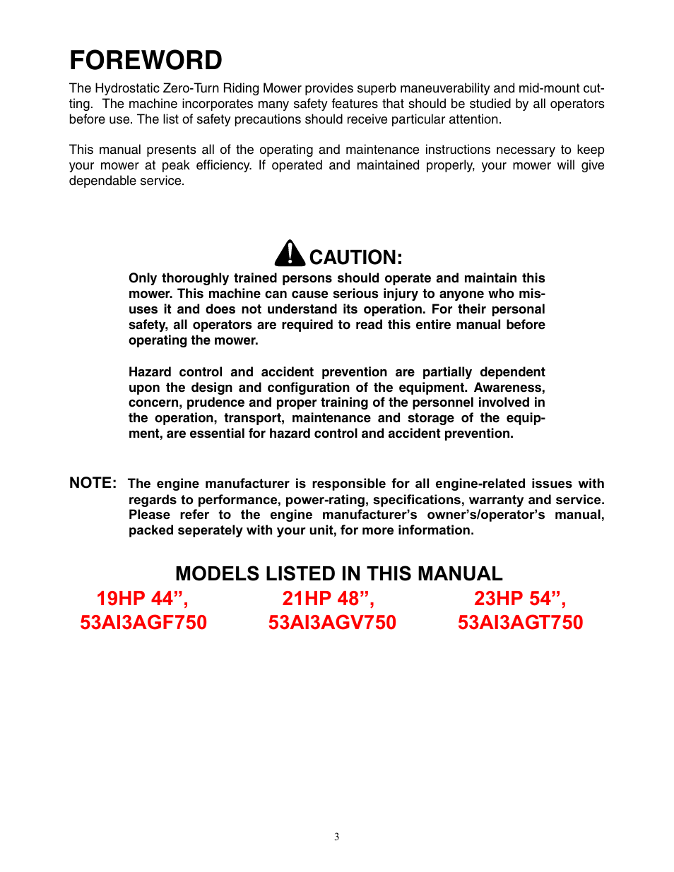 Foreword, Caution | Cub Cadet 23HP ENFORCER 54 User Manual | Page 3 / 32