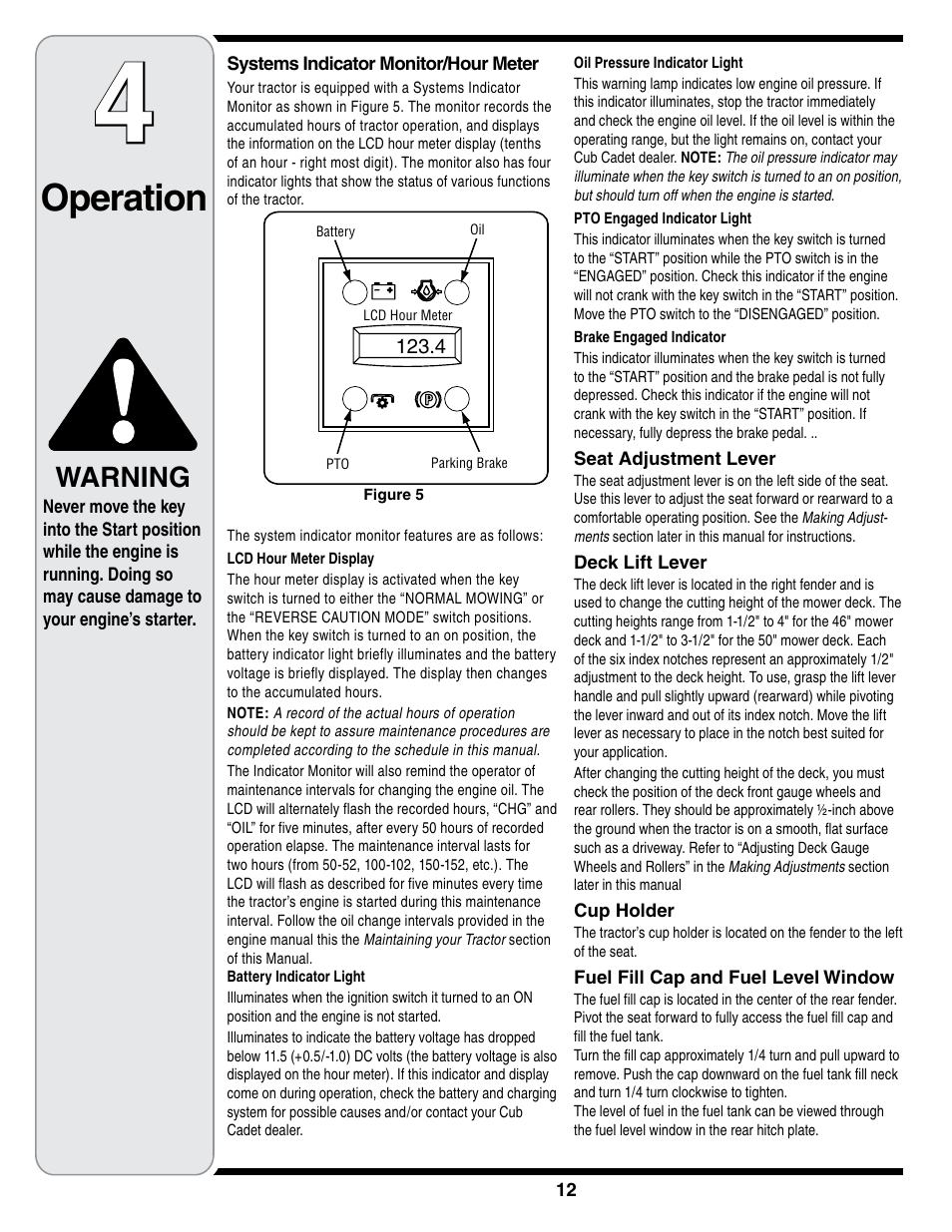 Operation, Warning | Cub Cadet i1050 User Manual | Page 12 / 36