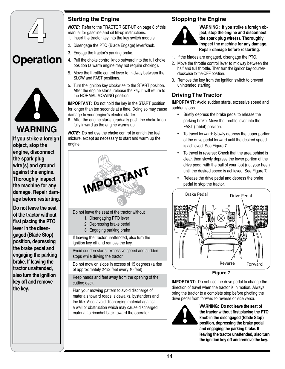 Operation, Warning | Cub Cadet i1050 User Manual | Page 14 / 36