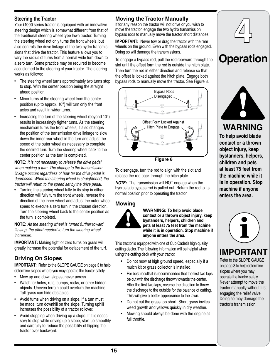 Operation, Warning, Important | Cub Cadet i1050 User Manual | Page 15 / 36