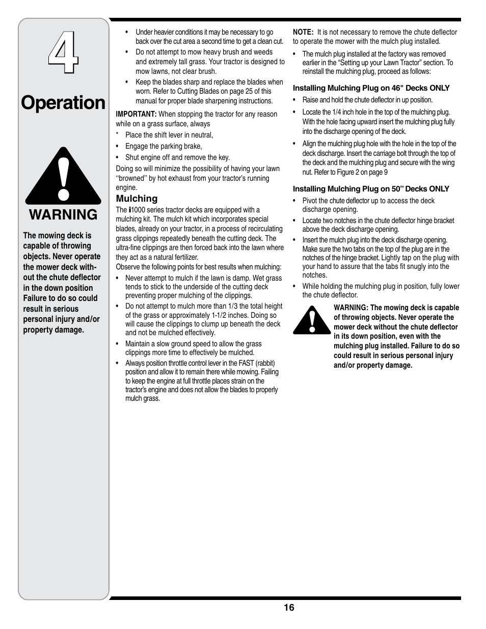 Operation, Warning | Cub Cadet i1050 User Manual | Page 16 / 36