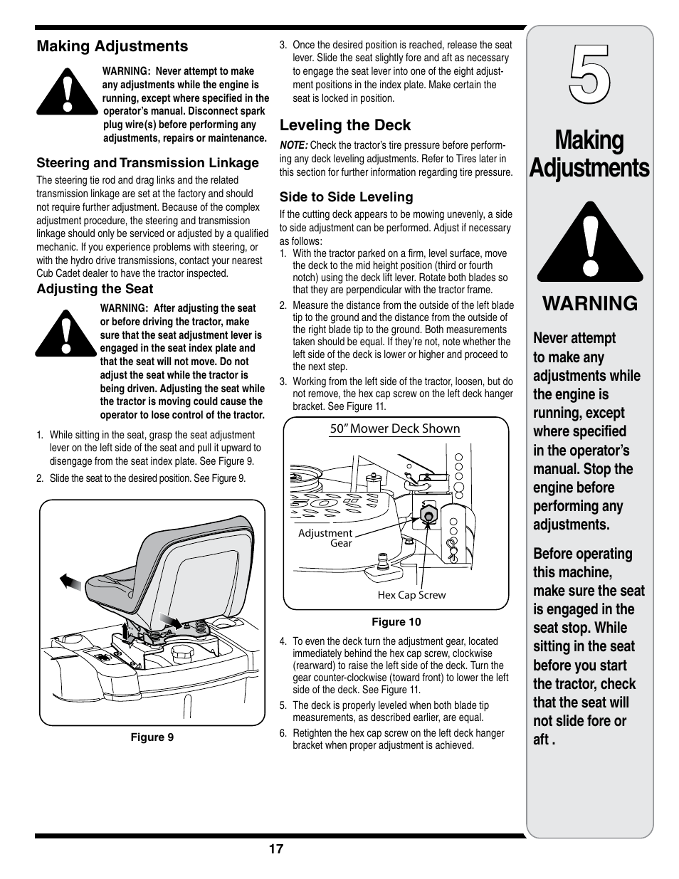 Making adjustments, Warning | Cub Cadet i1050 User Manual | Page 17 / 36