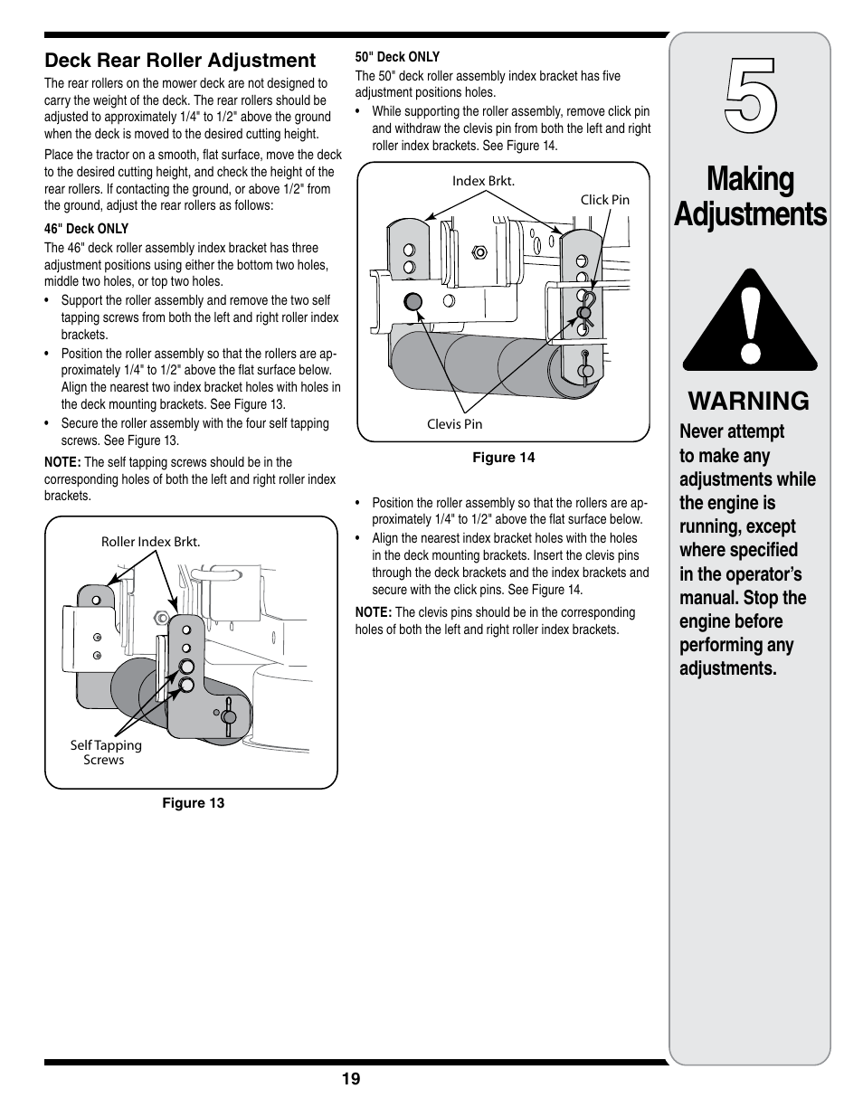 Making adjustments, Warning | Cub Cadet i1050 User Manual | Page 19 / 36