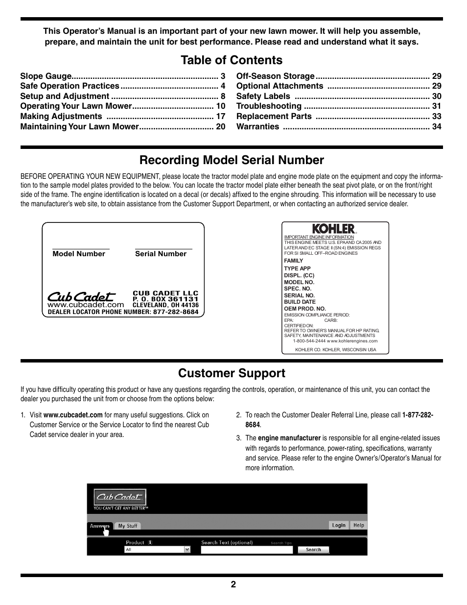 Recording model serial number table of contents, Customer support | Cub Cadet i1050 User Manual | Page 2 / 36