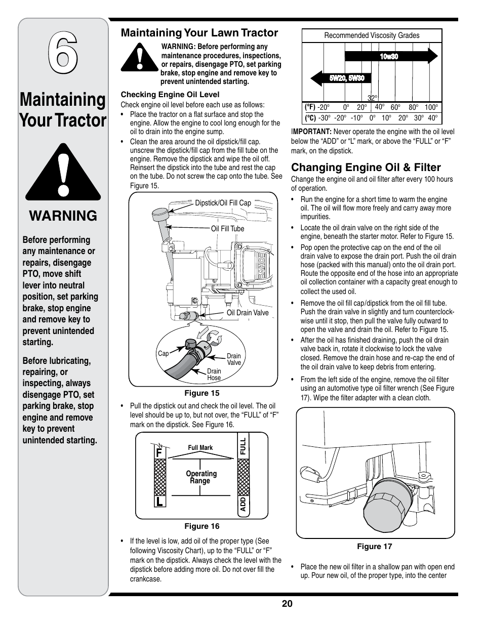 Maintaining your tractor, Warning, Maintaining your lawn tractor | Changing engine oil & filter | Cub Cadet i1050 User Manual | Page 20 / 36