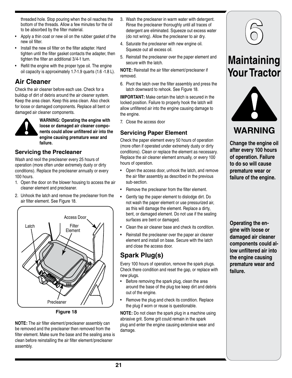 Maintaining your tractor, Warning | Cub Cadet i1050 User Manual | Page 21 / 36