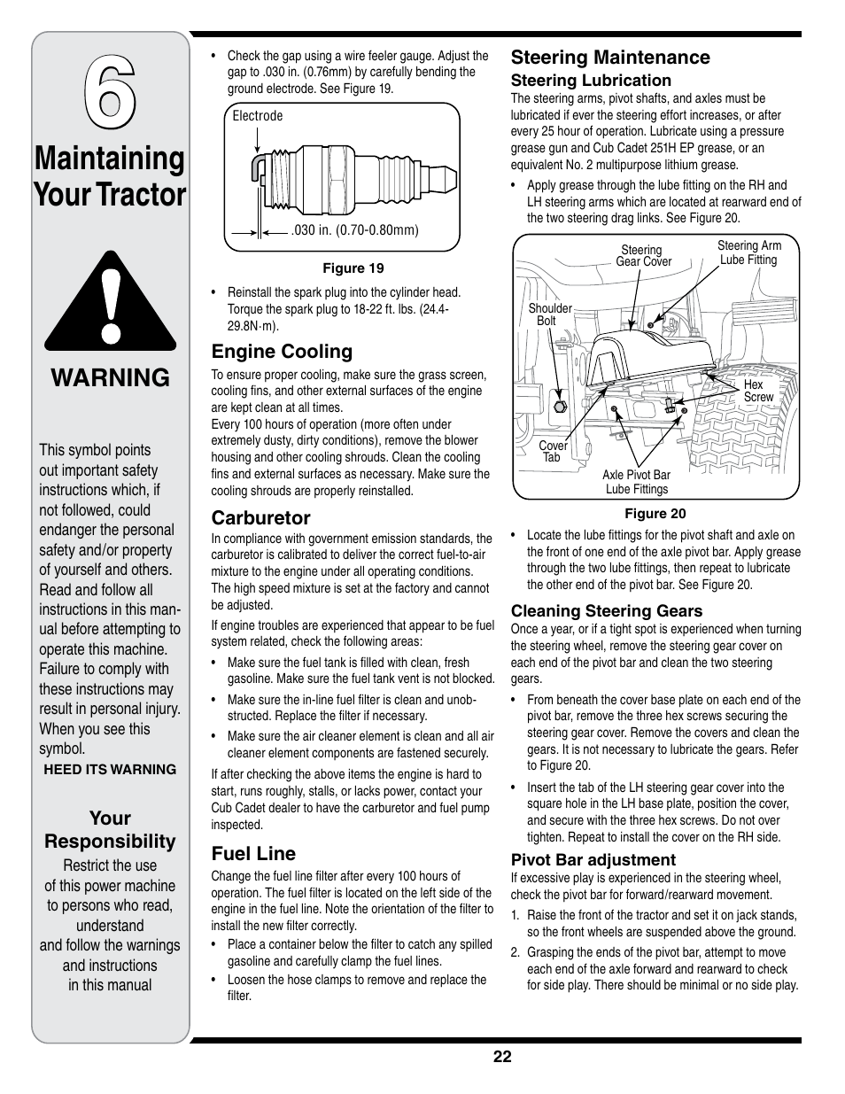 Maintaining your tractor, Warning | Cub Cadet i1050 User Manual | Page 22 / 36