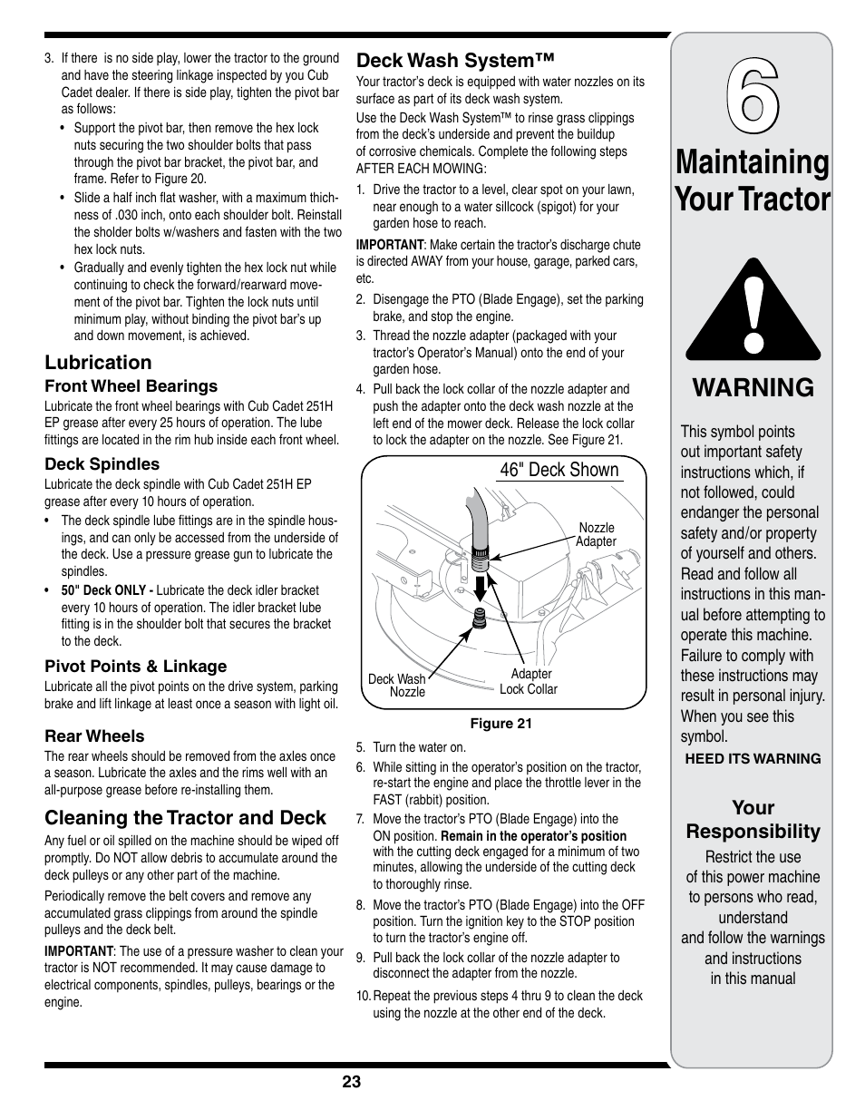 Maintaining your tractor, Warning | Cub Cadet i1050 User Manual | Page 23 / 36