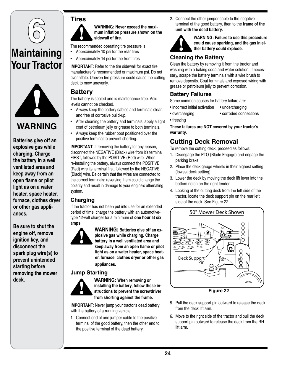 Maintaining your tractor, Warning | Cub Cadet i1050 User Manual | Page 24 / 36