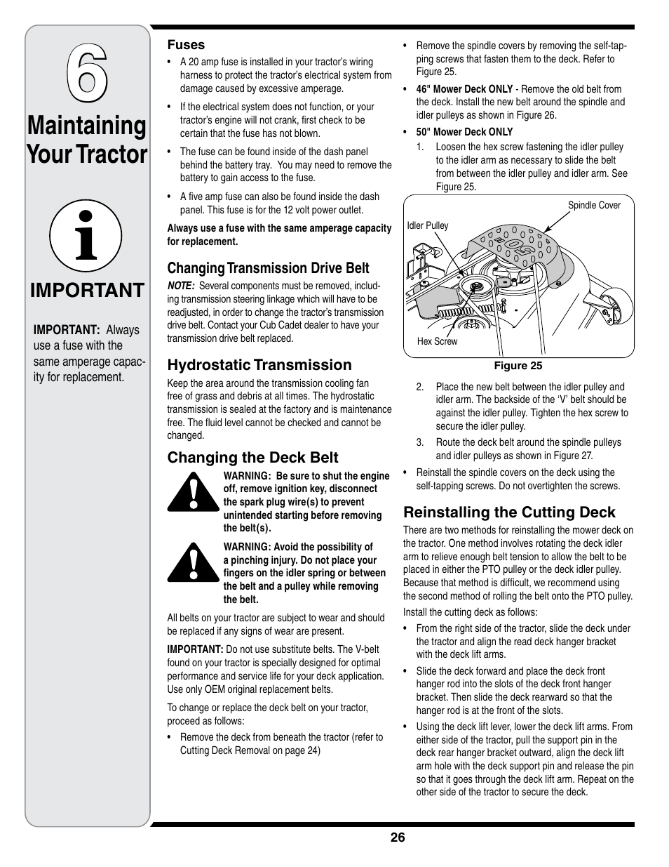 Maintaining your tractor, Important | Cub Cadet i1050 User Manual | Page 26 / 36