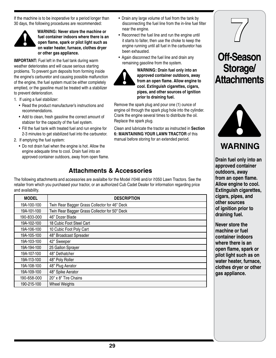 Off-season storage/ attachments, Warning | Cub Cadet i1050 User Manual | Page 29 / 36