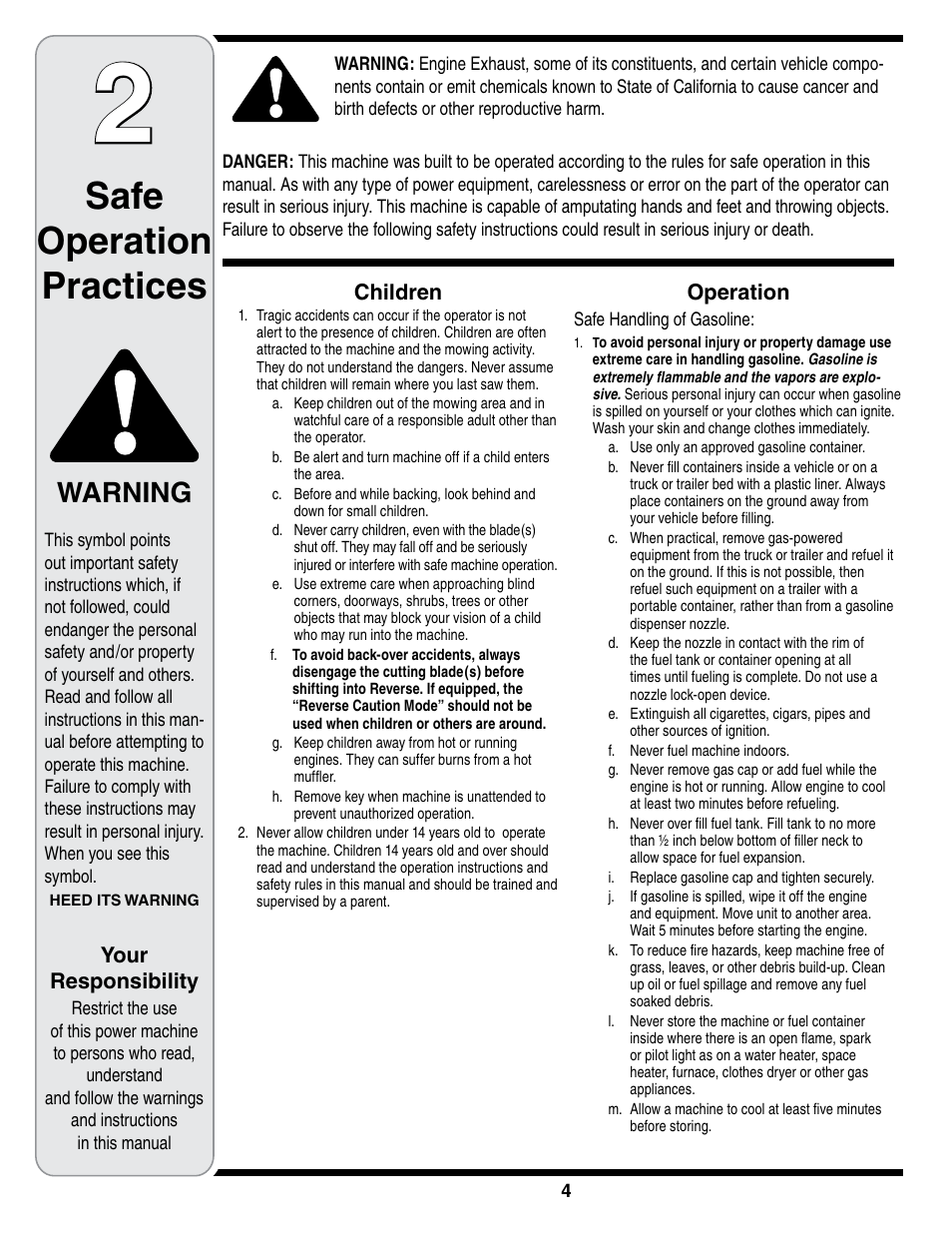 Safe operation practices, Warning, Children | Operation, Your responsibility | Cub Cadet i1050 User Manual | Page 4 / 36