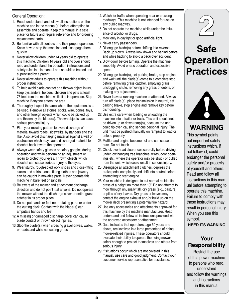Safe operation practices, Warning, Your responsibility | Cub Cadet i1050 User Manual | Page 5 / 36