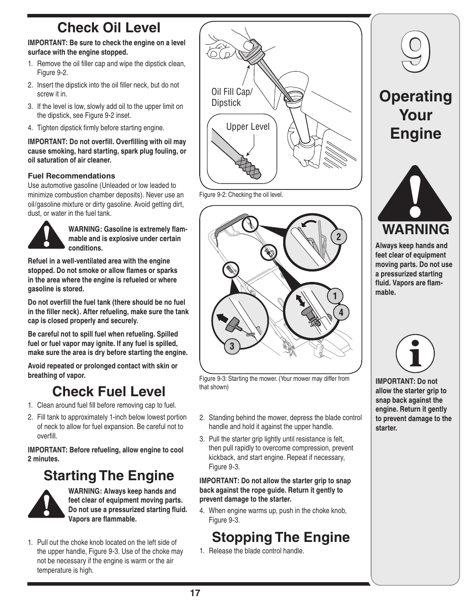 Operating your engine, Check oil level, Check fuel level | Starting the engine, Warning, Stopping the engine | Cub Cadet 54M User Manual | Page 17 / 28