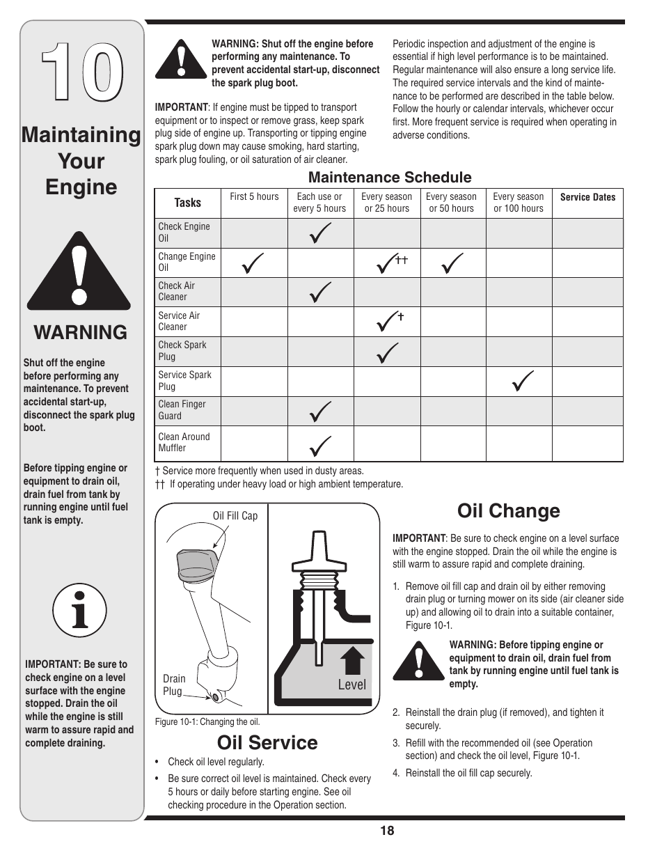 Maintaining your engine, Oil change, Warning | Oil service | Cub Cadet 54M User Manual | Page 18 / 28