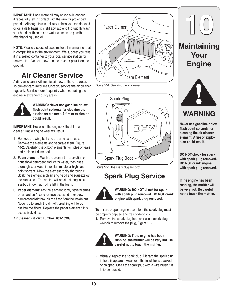 Maintaining your engine, Spark plug service, Air cleaner service | Warning | Cub Cadet 54M User Manual | Page 19 / 28