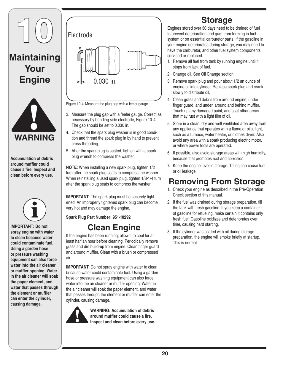 Maintaining your engine, Clean engine, Storage | Removing from storage, Warning | Cub Cadet 54M User Manual | Page 20 / 28