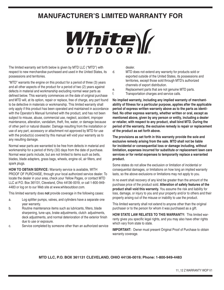 Manufacturer’s limited warranty for | Cub Cadet 54M User Manual | Page 28 / 28