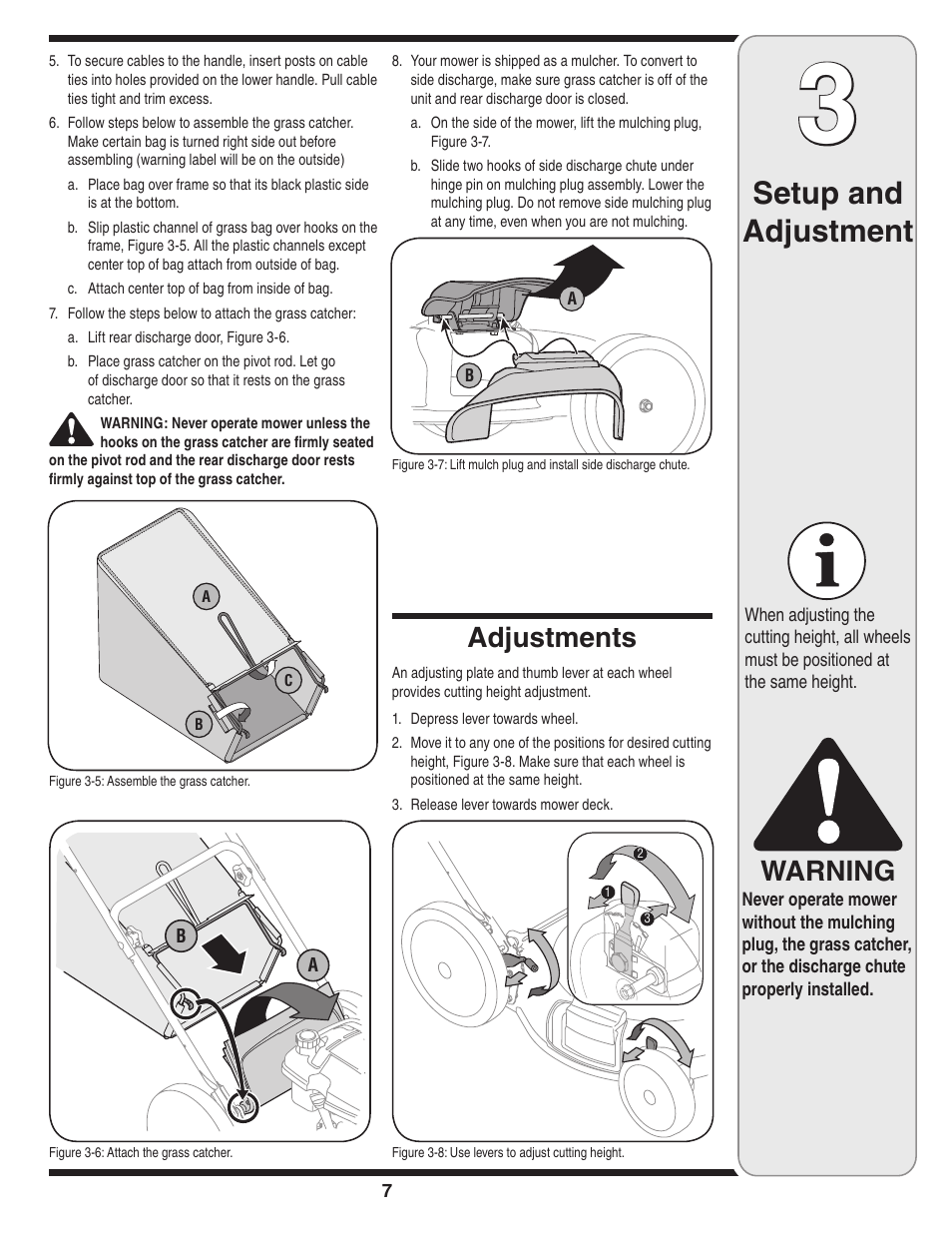 Setup and adjustment, Warning, Adjustments | Cub Cadet 54M User Manual | Page 7 / 28