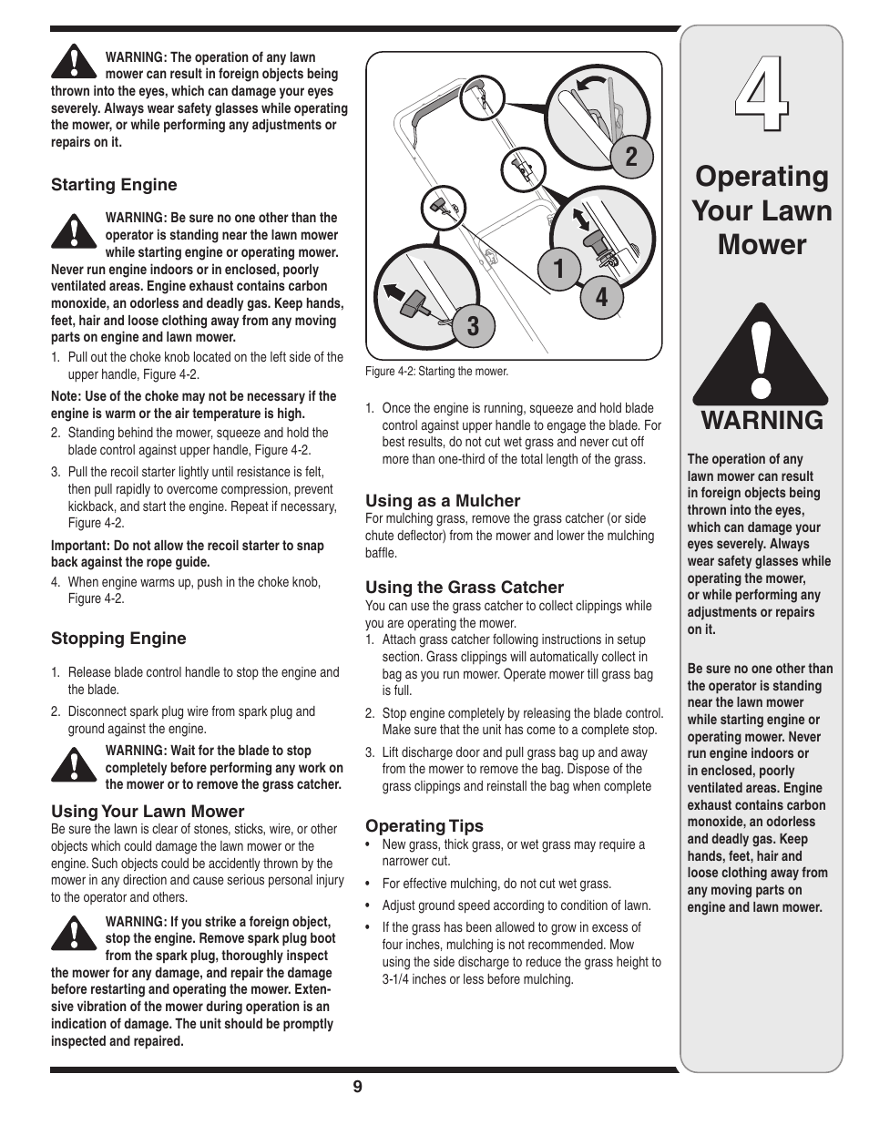 Operating your lawn mower, Warning | Cub Cadet 54M User Manual | Page 9 / 28