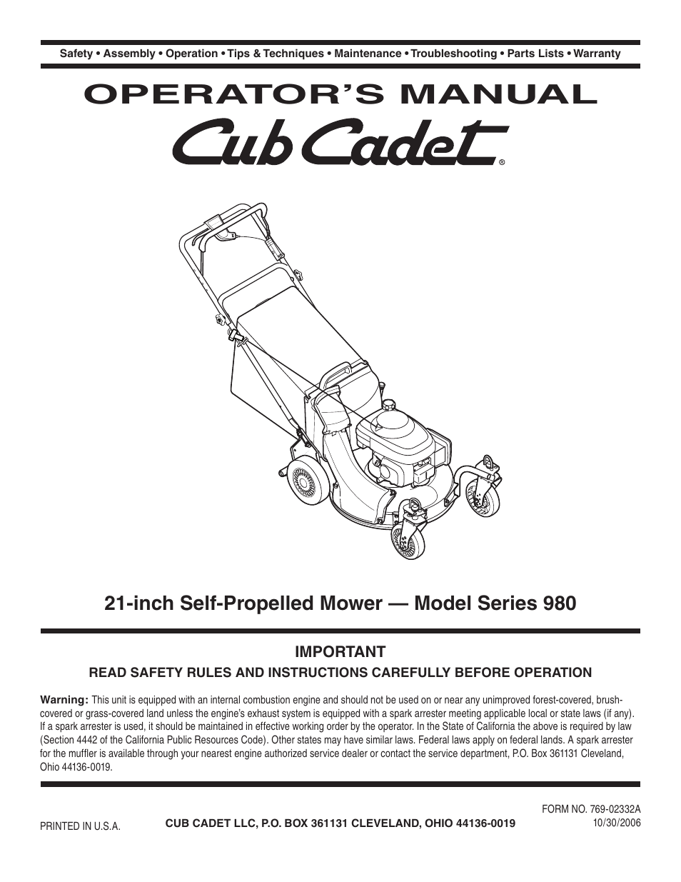 Cub Cadet 980 User Manual | 20 pages