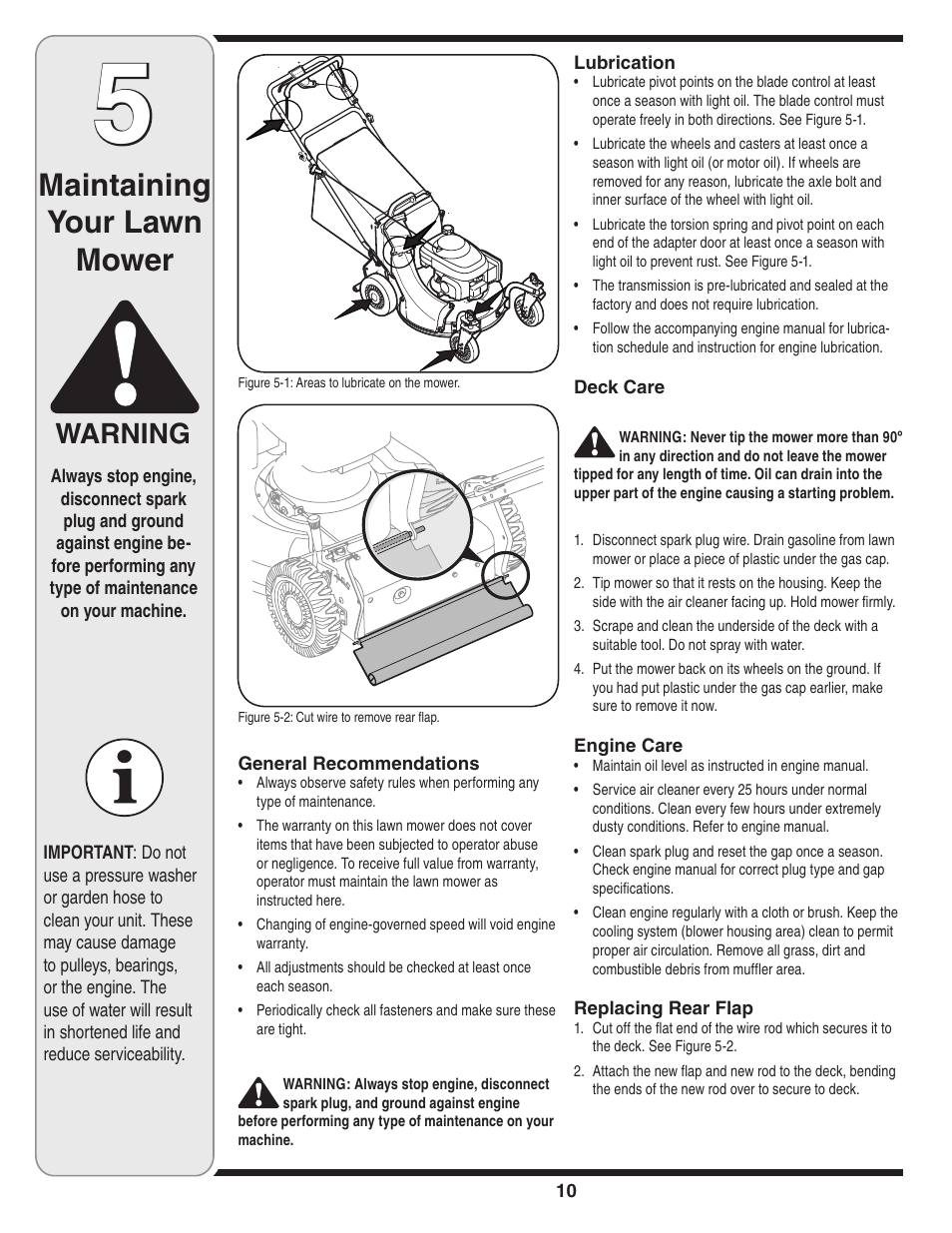 Maintaining your lawn mower, Warning | Cub Cadet 980 User Manual | Page 10 / 20