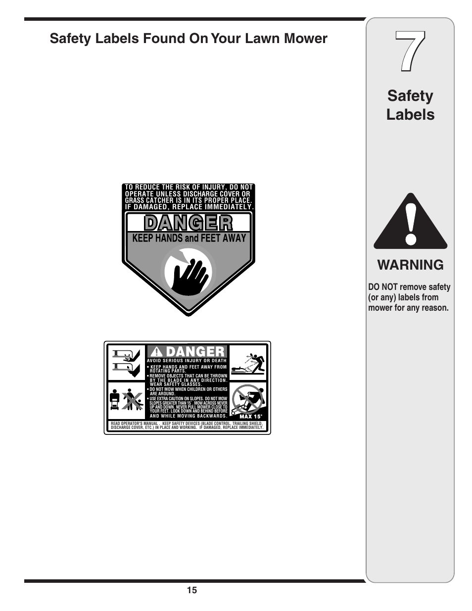 Safety labels, Warning, Safety labels found on your lawn mower | Cub Cadet 980 User Manual | Page 15 / 20