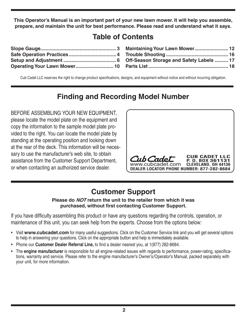 Customer support | Cub Cadet 980 User Manual | Page 2 / 20
