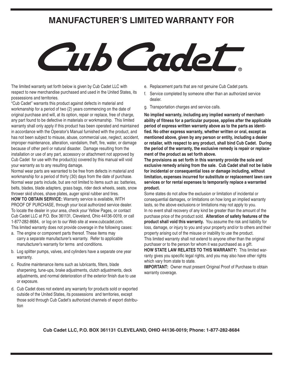 Manufacturer’s limited warranty for | Cub Cadet 980 User Manual | Page 20 / 20