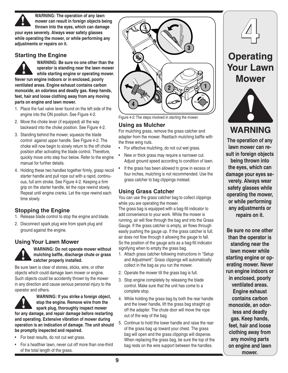 Operating your lawn mower, Warning | Cub Cadet 980 User Manual | Page 9 / 20