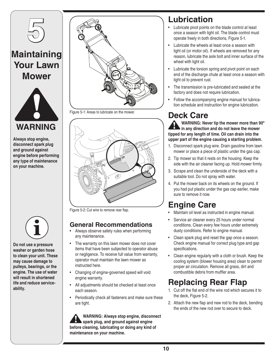 Maintaining your lawn mower, Warning, Lubrication | Deck care, Engine care, Replacing rear flap | Cub Cadet 949 User Manual | Page 10 / 20