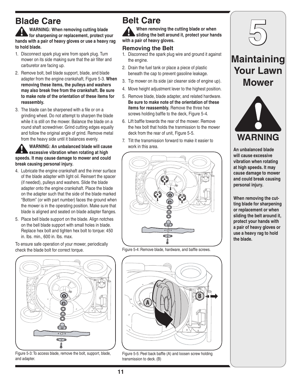 Maintaining your lawn mower, Warning blade care, Belt care | Cub Cadet 949 User Manual | Page 11 / 20