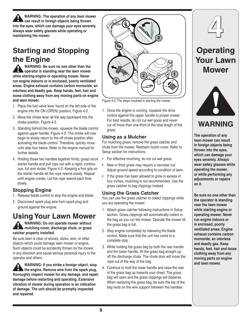 Operating your lawn mower, Warning, Starting and stopping the engine | Using your lawn mower | Cub Cadet 949 User Manual | Page 9 / 20