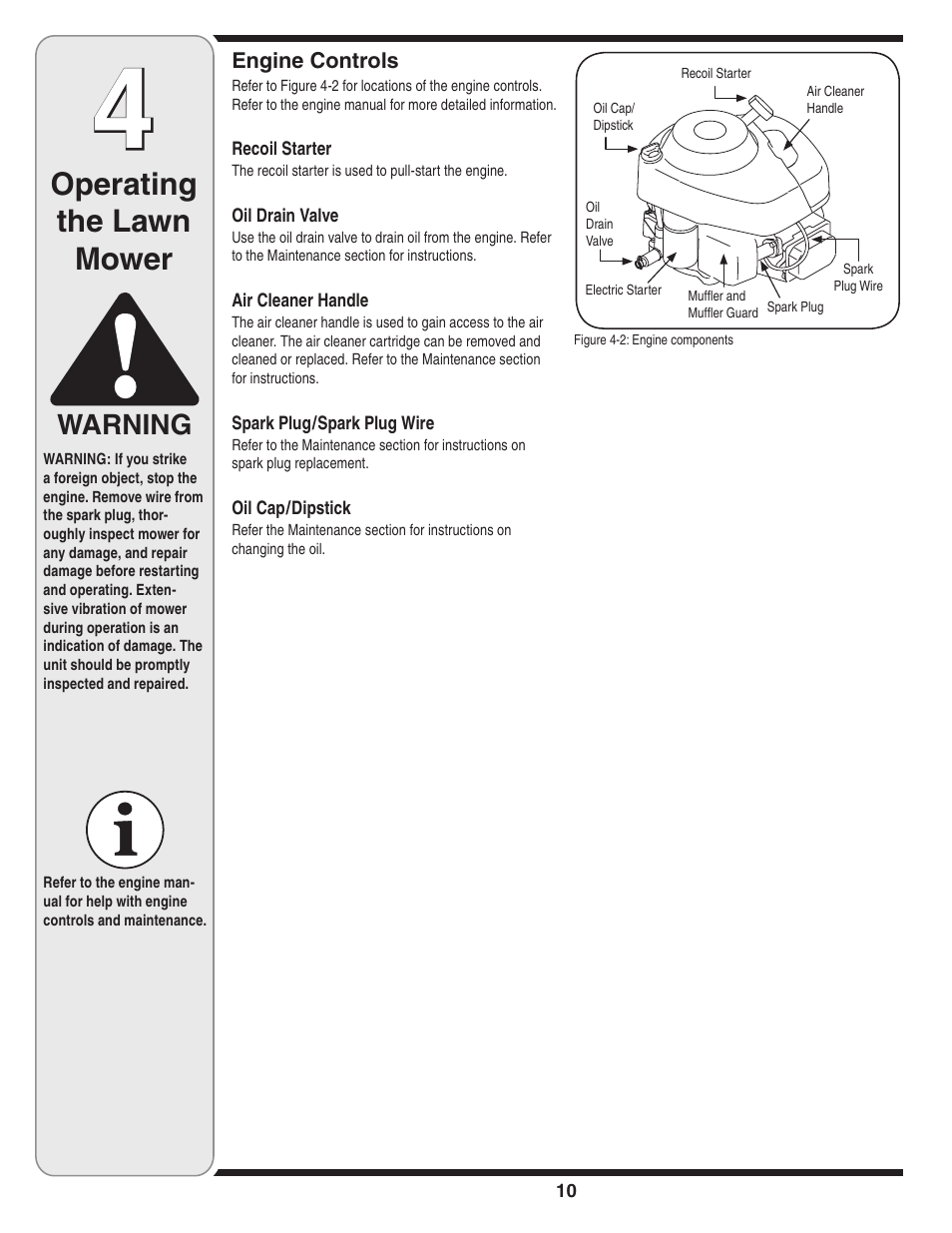 Operating the lawn mower, Warning | Cub Cadet Time Save User Manual | Page 10 / 28