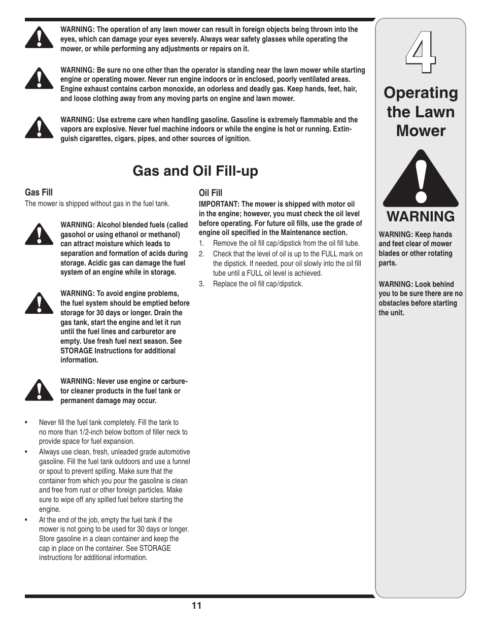 Operating the lawn mower, Warning, Gas and oil fill-up | Cub Cadet Time Save User Manual | Page 11 / 28