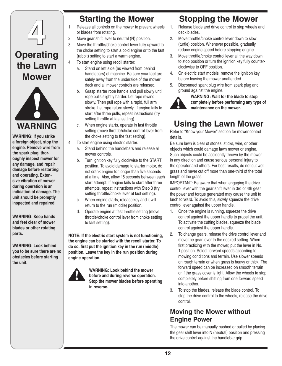 Operating the lawn mower, Warning starting the mower, Stopping the mower | Using the lawn mower | Cub Cadet Time Save User Manual | Page 12 / 28